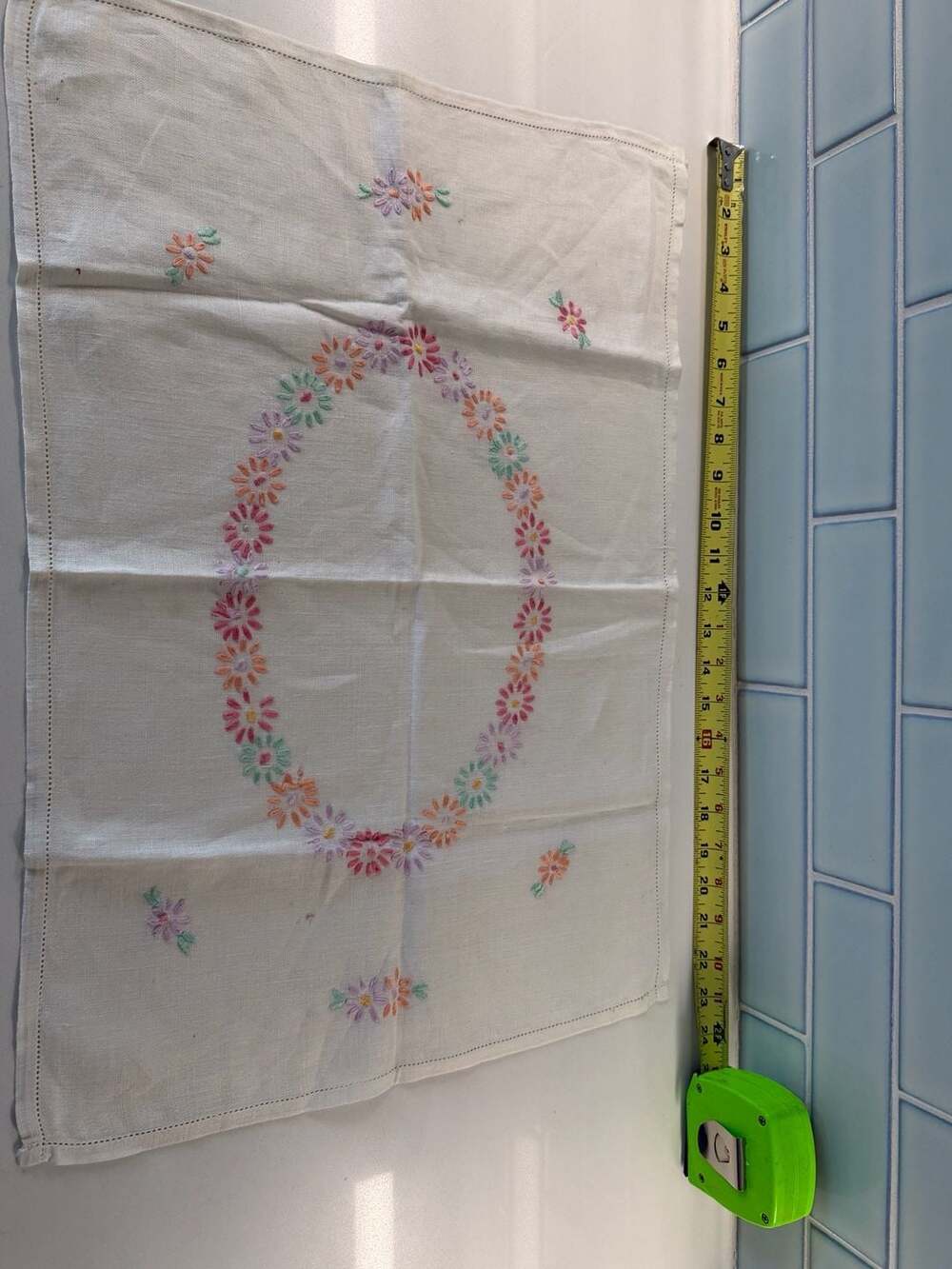 Vintage Hand Embroidered Floral Linen Napkin or Doily